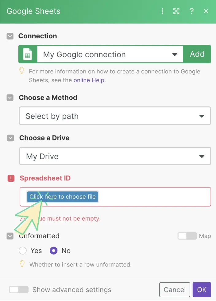 Click here tor choose fileをクリック