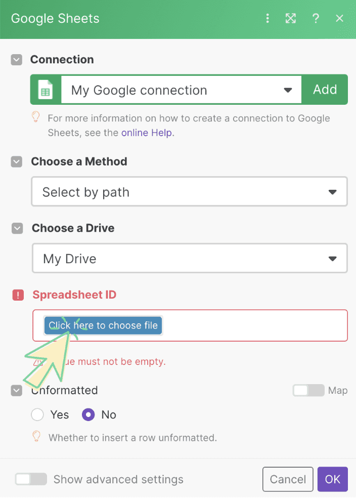 Click here tor choose fileをクリック